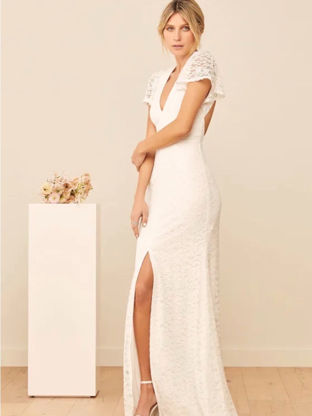 Lulu's Ivory Lace V-Neck Maxi Dress with Front Slit - Picture 2 of 11